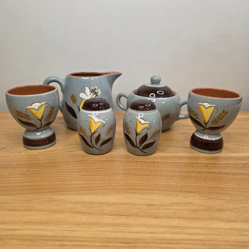 Vtg Stangl Pottery Golden Harvest 7pc Set Creamer/Sugar, Double Egg, Salt/Pepper